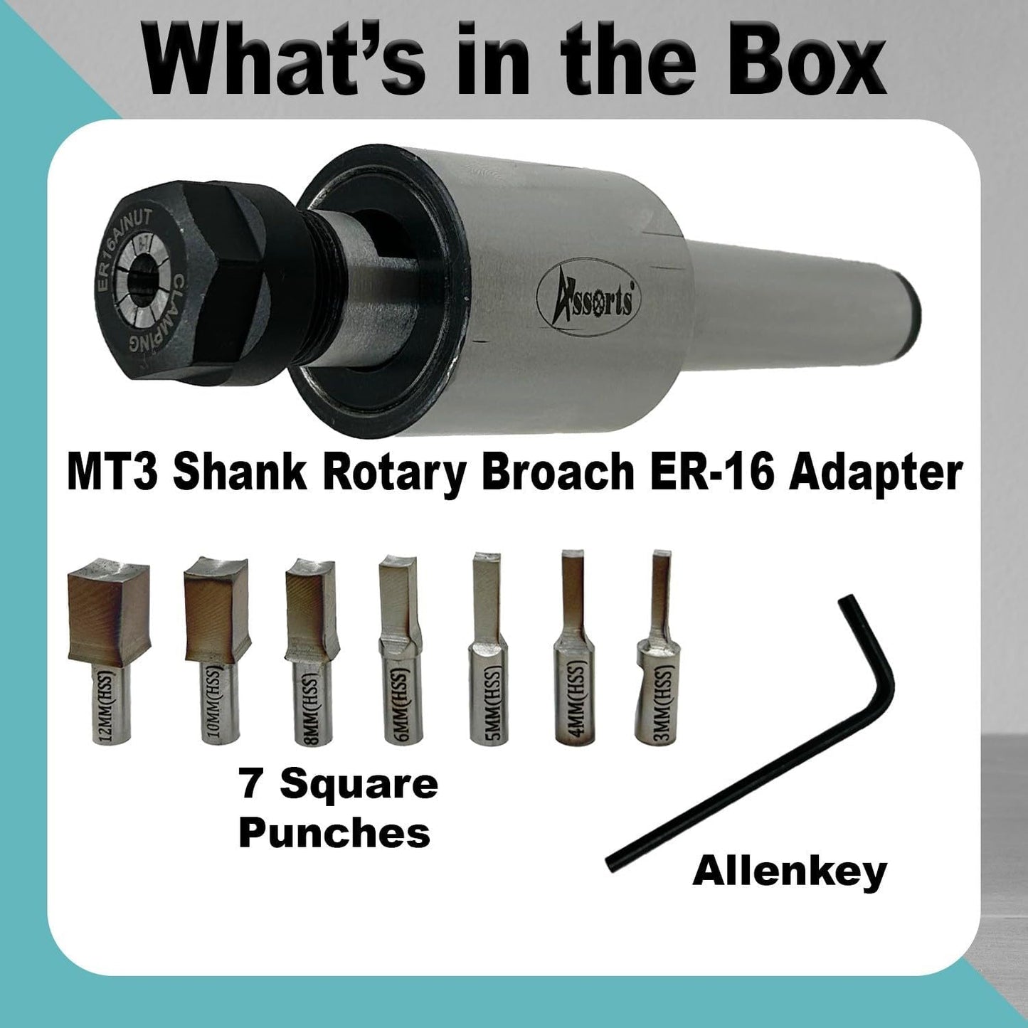 ASSORTS MT3 Shank Rotary Broach Holder with ER-16 Adapter – Internal Square Broaching Tool Set with 7 HSS Square Broaches 3mm to 12mm for CNC Lathes, Milling Machines & Precision Metalworking