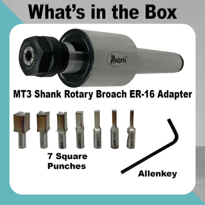 ASSORTS MT3 Shank Rotary Broach Holder with ER-16 Adapter – Internal Square Broaching Tool Set with 7 HSS Square Broaches 3mm to 12mm for CNC Lathes, Milling Machines & Precision Metalworking