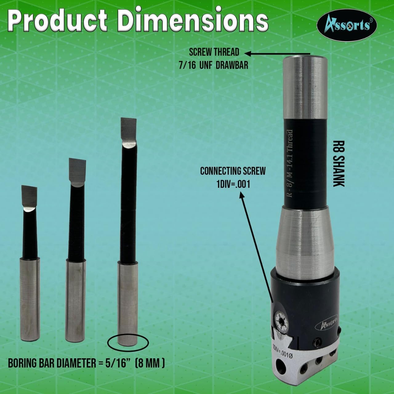 ASSORTS Quality Precision Boring Head Diameter 1.5" INCHES// 1 DIV: 0.001 Thou (R8 Shank (7/16" UNF Drawbar))