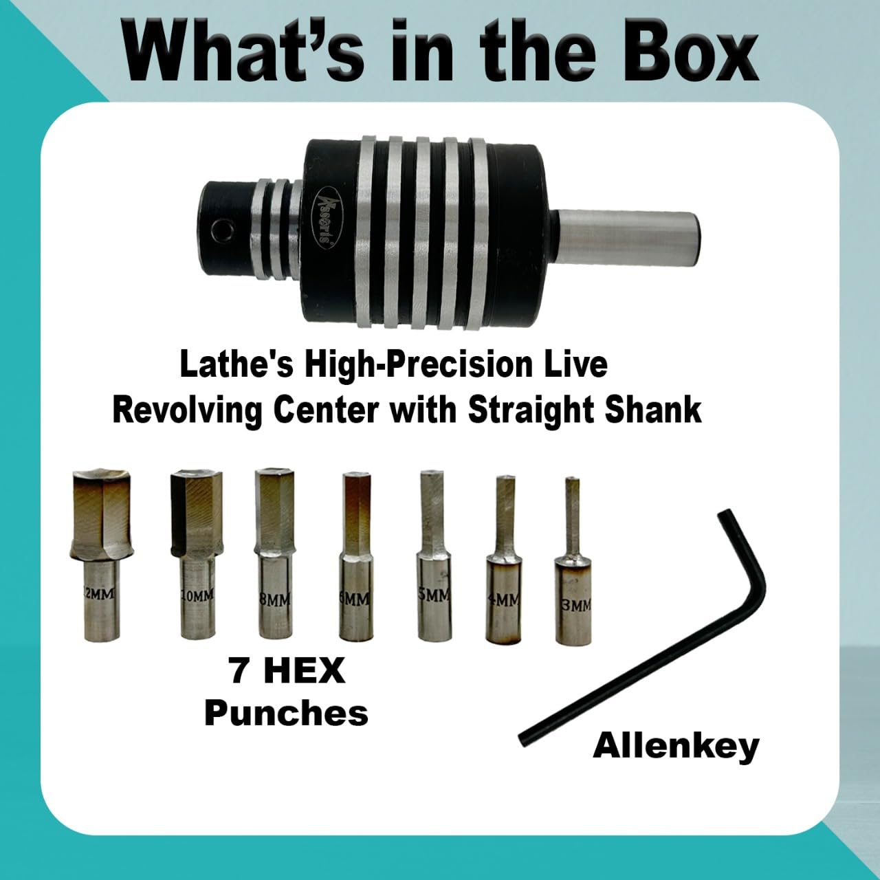 Assorts Straight Shank Rotary Broaching Live Center Set with 7 HSS HEX Punches (3mm–12mm) – Precision Lathe Tooling Kit