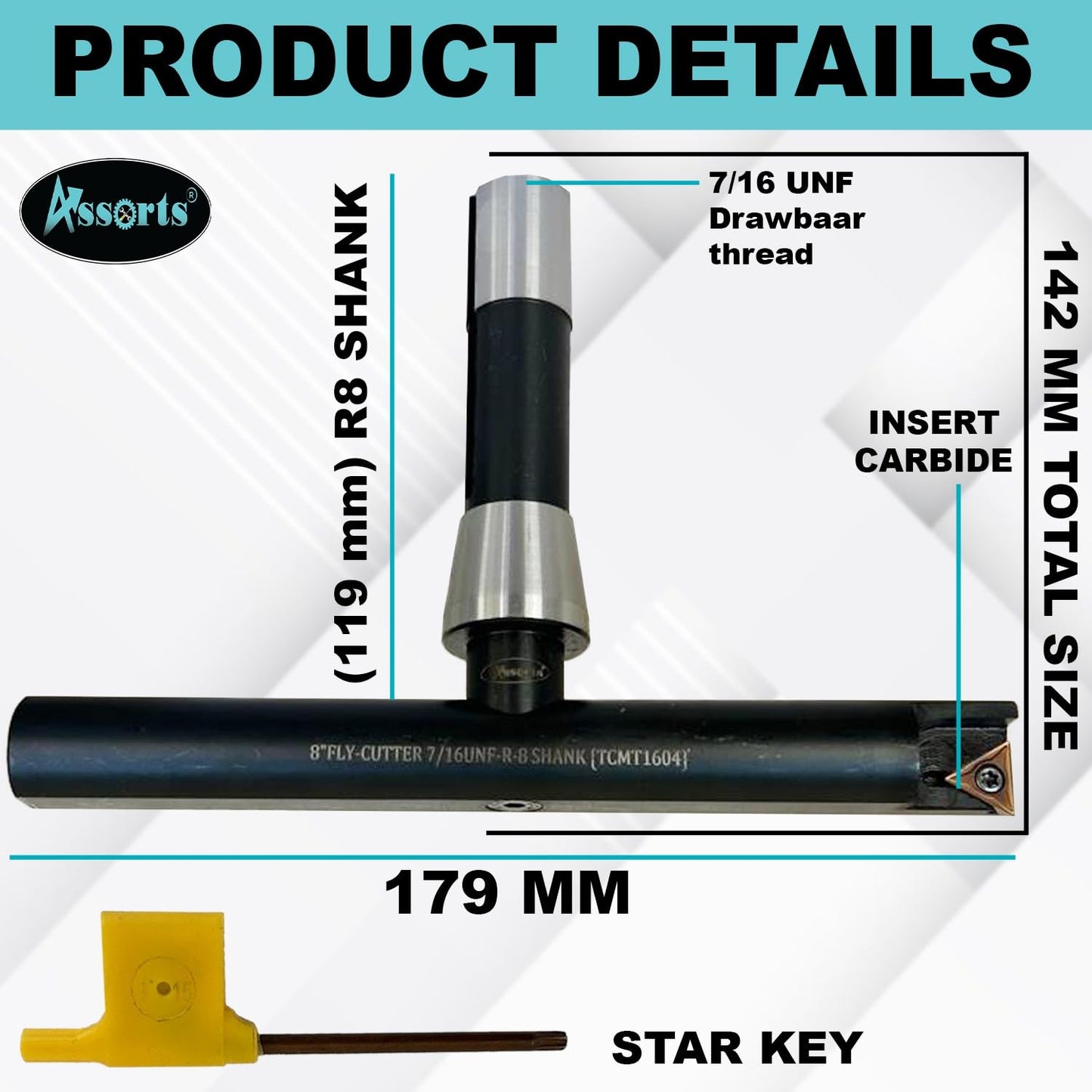 Assorts 8″ Balanced Fly Cutter Indexable Face Milling Cutter with R8 Shank (7/16″ UNF Drawbar Thread), Single TCMT1604 Insert, Torx Screw & Star Key Included