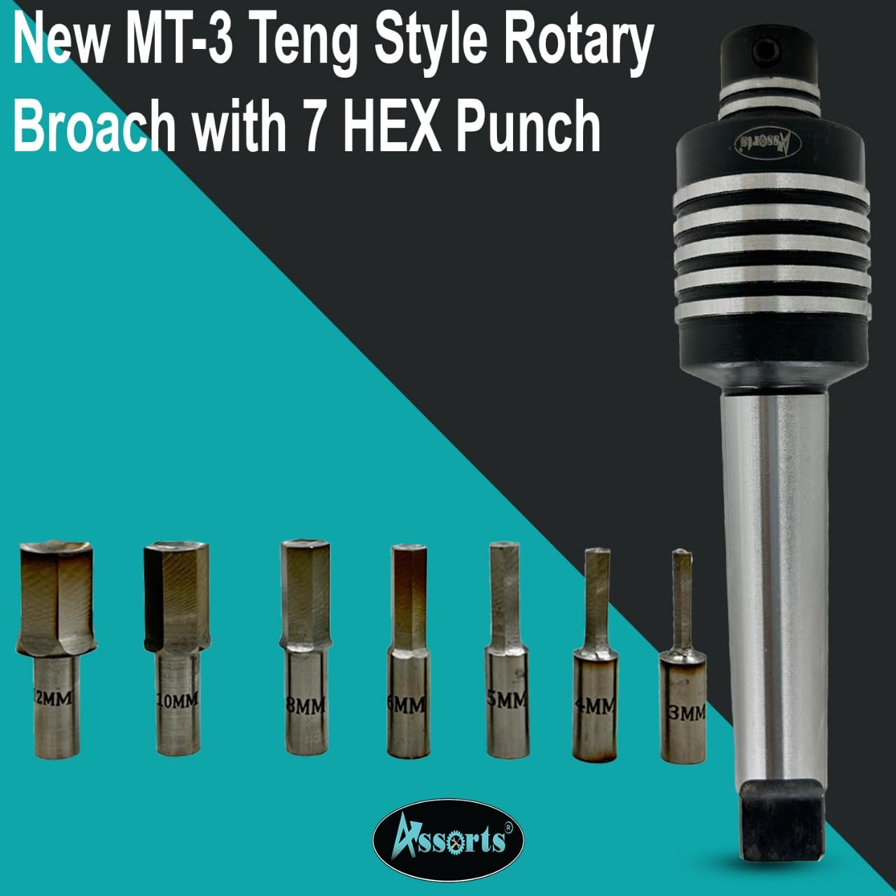 Assorts MT3 Teng Style Rotary Broaching Tool with 7 HSS Hex Punches (3mm–12mm) – High Precision Lathe Broach Set