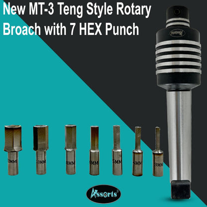 Assorts MT3 Teng Style Rotary Broaching Tool with 7 HSS Hex Punches (3mm–12mm) – High Precision Lathe Broach Set