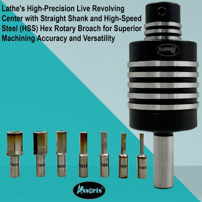 Assorts Straight Shank Rotary Broaching Live Center Set with 7 HSS HEX Punches (3mm–12mm) – Precision Lathe Tooling Kit