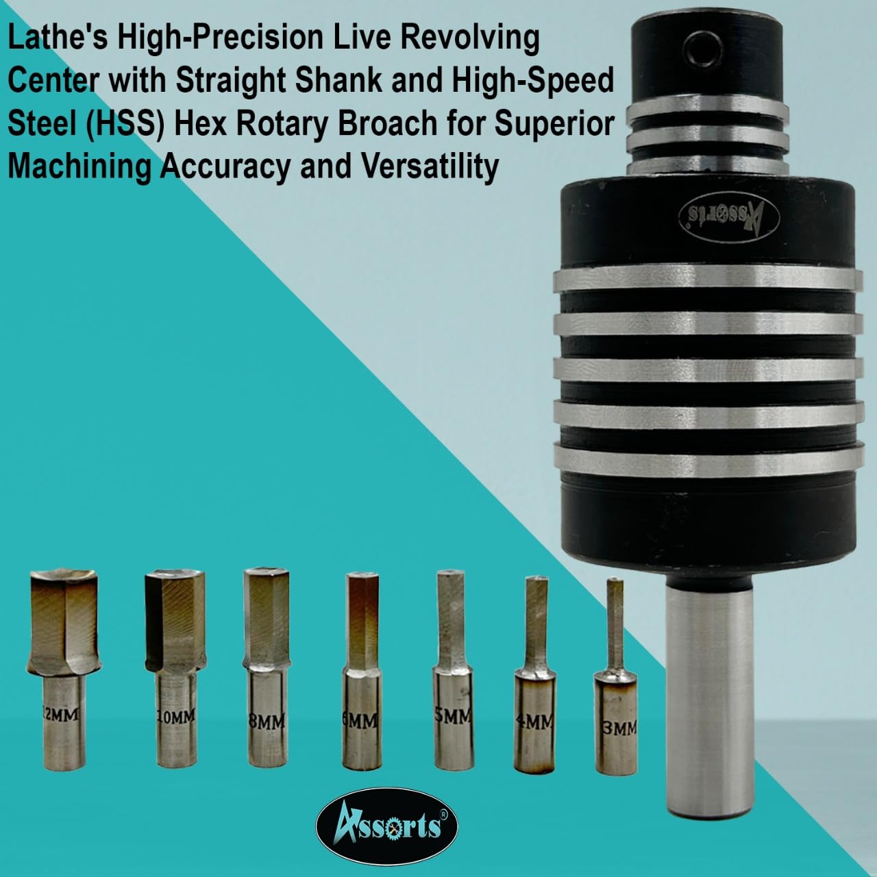 Assorts Straight Shank Rotary Broaching Live Center Set with 7 HSS HEX Punches (3mm–12mm) – Precision Lathe Tooling Kit
