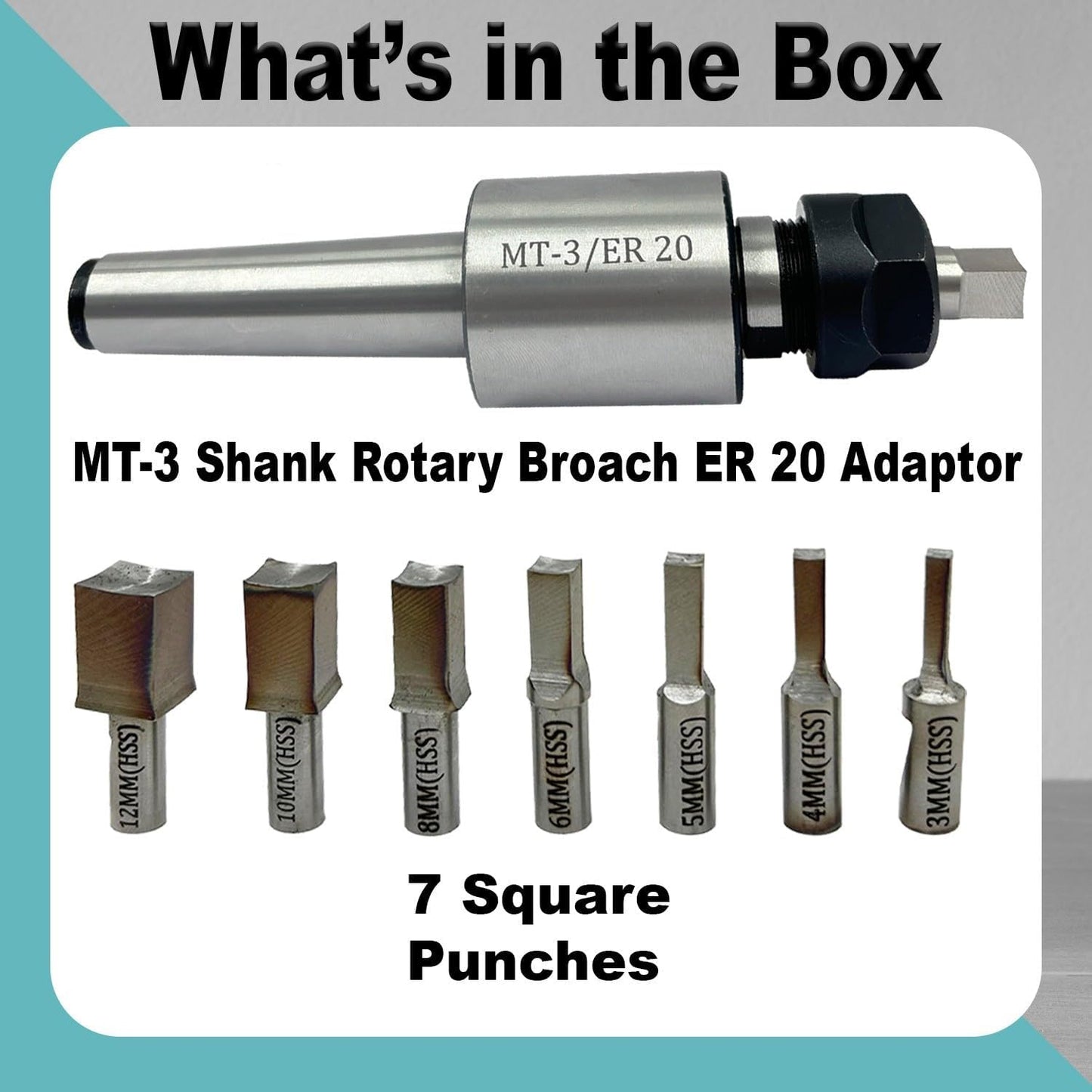 ASSORTS MT3 Shank Rotary Broaching Tool Set with ER20 Holder & 7 High Speed Steel Square Broach Punches | 3–12mm Internal Square Hole Cutter for CNC, Lathe & Mill Machining