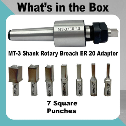 ASSORTS MT3 Shank Rotary Broaching Tool Set with ER20 Holder & 7 High Speed Steel Square Broach Punches | 3–12mm Internal Square Hole Cutter for CNC, Lathe & Mill Machining