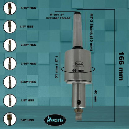 ASSORTS Rotary Broach Set MT-2 Shank (M10×1.5 Drawbar) with 7 Pcs HSS Hex Broach Punches for CNC, Lathe & Milling Machines – Precision Internal Hex Broaching Tooling System