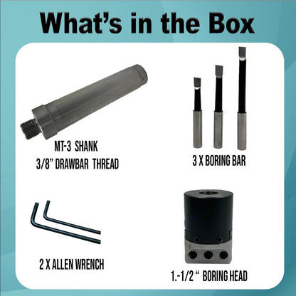 QUALITY PRECISION BORING HEAD DIAMETER 1.5" INCHES WITH CARBIDE TOOLS// 1 DIV: 0.001 THOU (3MT SHANK (BSW 3/8" X 16 TPI DRAWBAR))