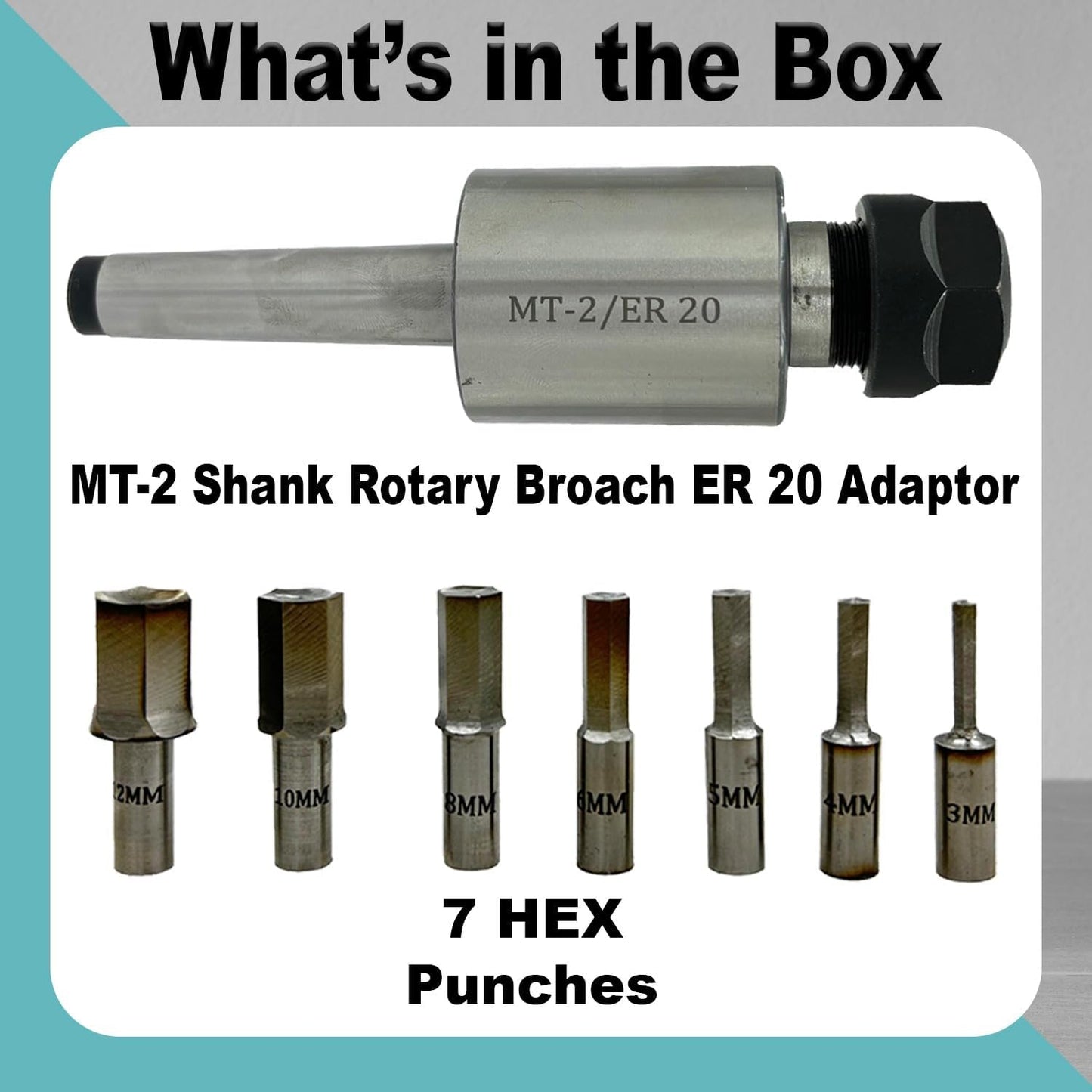 ASSORTS MT-2 Shank Rotary Broach Holder with ER20 Adapter & 7-Piece HEX Broach Set (3–12mm) for CNC Lathe, Milling Machine, Precision Internal Hex Cutting Tools