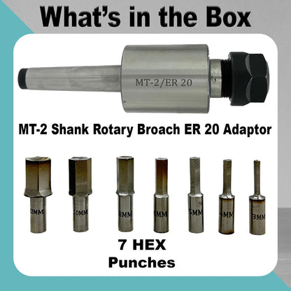 ASSORTS MT-2 Shank Rotary Broach Holder with ER20 Adapter & 7-Piece HEX Broach Set (3–12mm) for CNC Lathe, Milling Machine, Precision Internal Hex Cutting Tools