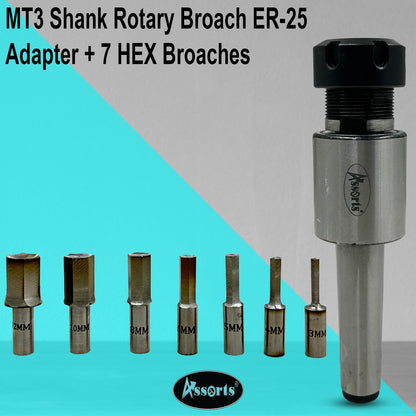 ASSORTS MT3 Shank Rotary Broach ER-25 Adapter with 7 HEX Broaches (3mm to 12mm) | Precision CNC Tooling for Hexagonal Hole Cutting | Durable Metalworking Broach Set