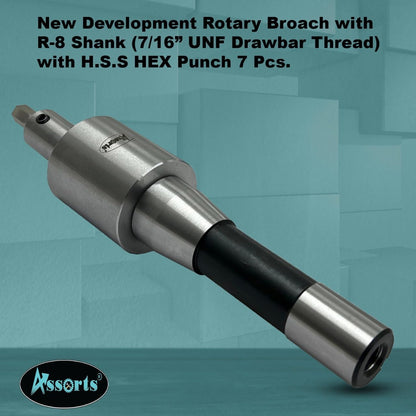 Assorts Precision Rotary Broach – R8 Shank (7/16" UNF) with HSS Hex Punches – CNC, Lathe, Milling & Drilling Compatible