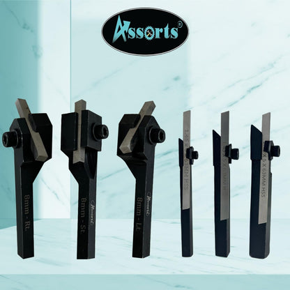 Assorts Mini Cut-Off Parting Tool Set - Includes 6mm, 8mm, and 10mm Shank Sizes with HSS Parting Blade, and Mini Turning Tool Holder with 10mm Shank - Left, Right, and Straight Turning Tools