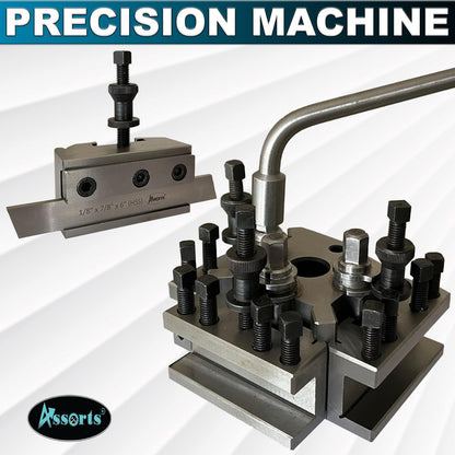 T-2, S2 Quick Change Tool Post Set with 2 Standard Holders, 1 Vee Holder & 1 Parting Holder with 1/8” X 7/8” X 6” (P) HSS Parting Blade.