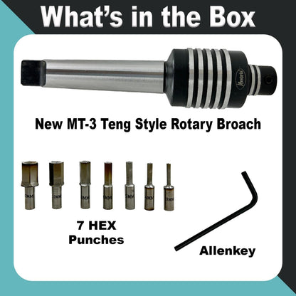 Assorts MT3 Teng Style Rotary Broaching Tool with 7 HSS Hex Punches (3mm–12mm) – High Precision Lathe Broach Set
