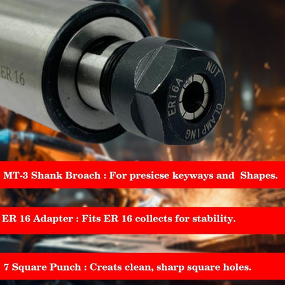 MT3 Shank Rotary Broach Kit with ER16 Adaptor and 7-Pieces Square Broach Set