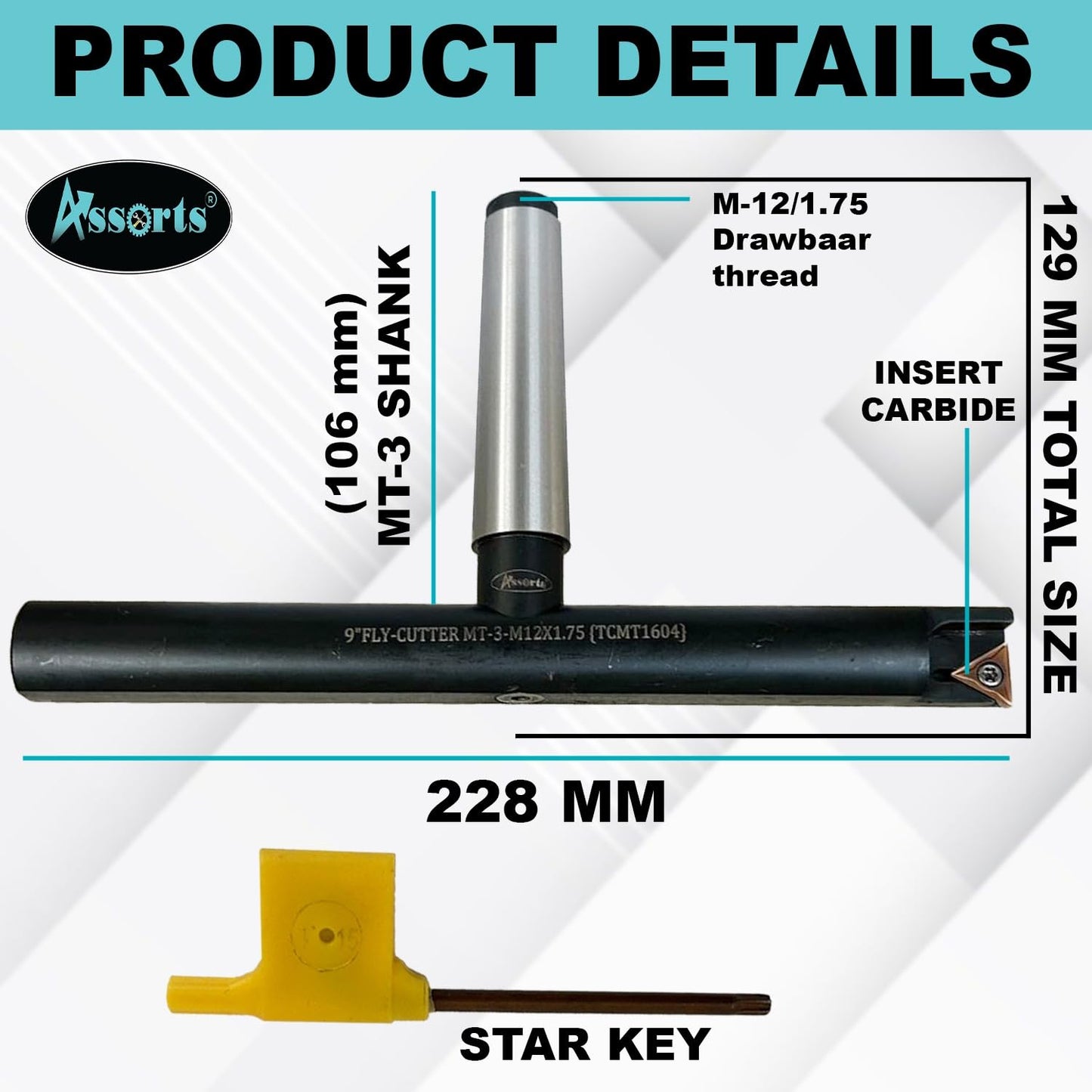 Assorts 9″ Balanced Fly Cutter Indexable Face Milling Cutter with MT3 Shank (M12 × 1.75 Drawbar Thread), Single TCMT1604 Insert, Torx Screw & Star Key Included