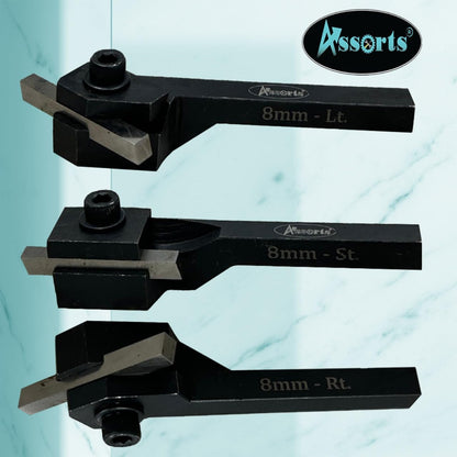 Assorts Mini Cut-Off Parting Tool Set - Includes 6mm, 8mm, and 10mm Shank Sizes with HSS Parting Blade, and Mini Turning Tool Holder with 10mm Shank - Left, Right, and Straight Turning Tools