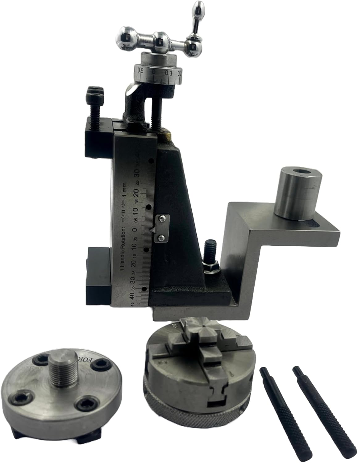 Assorts Mini Vertical Slide 90x50mm (2-Slot) – Fixed & Swivel, 3-Jaw/4-Jaw, Base Plate & Z-Angle Plate for Mini Lathe (Fixed Slide (2-Slot) + 4-Jaw Chuck + Z-Angle Plate)