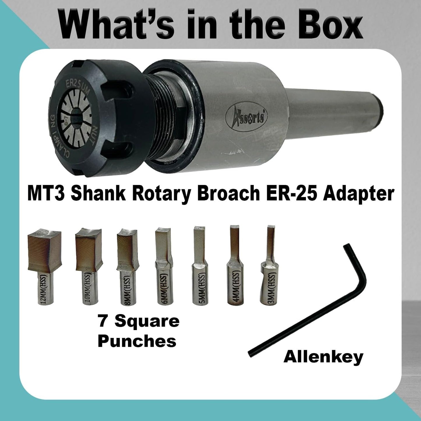 ASSORTS MT3 Shank Rotary Broach ER-25 Adapter with 7 Square Broaches (3mm to 12mm) | High Precision CNC Broaching Tool Set for Square Hole Cutting | Durable Tool Steel Broach Kit