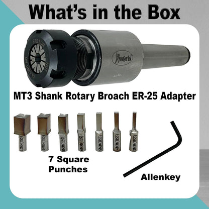 ASSORTS MT3 Shank Rotary Broach ER-25 Adapter with 7 Square Broaches (3mm to 12mm) | High Precision CNC Broaching Tool Set for Square Hole Cutting | Durable Tool Steel Broach Kit