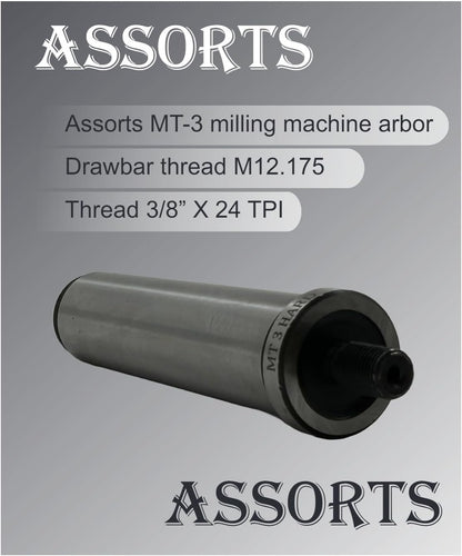 ASSORTS MT3 Milling Machine ARBOR with M-12.175 Drawbar Thread and 3/8" X 24 TPI Inside Thread for Secure and Efficient Tool Mounting