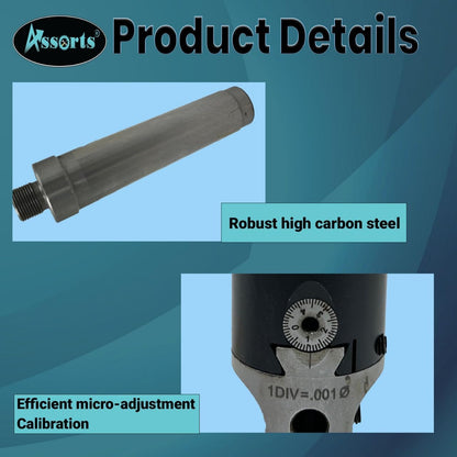 QUALITY PRECISION BORING HEAD DIAMETER 1.5" INCHES WITH CARBIDE TOOLS// 1 DIV: 0.001 THOU (3MT SHANK (BSW 3/8" X 16 TPI DRAWBAR))