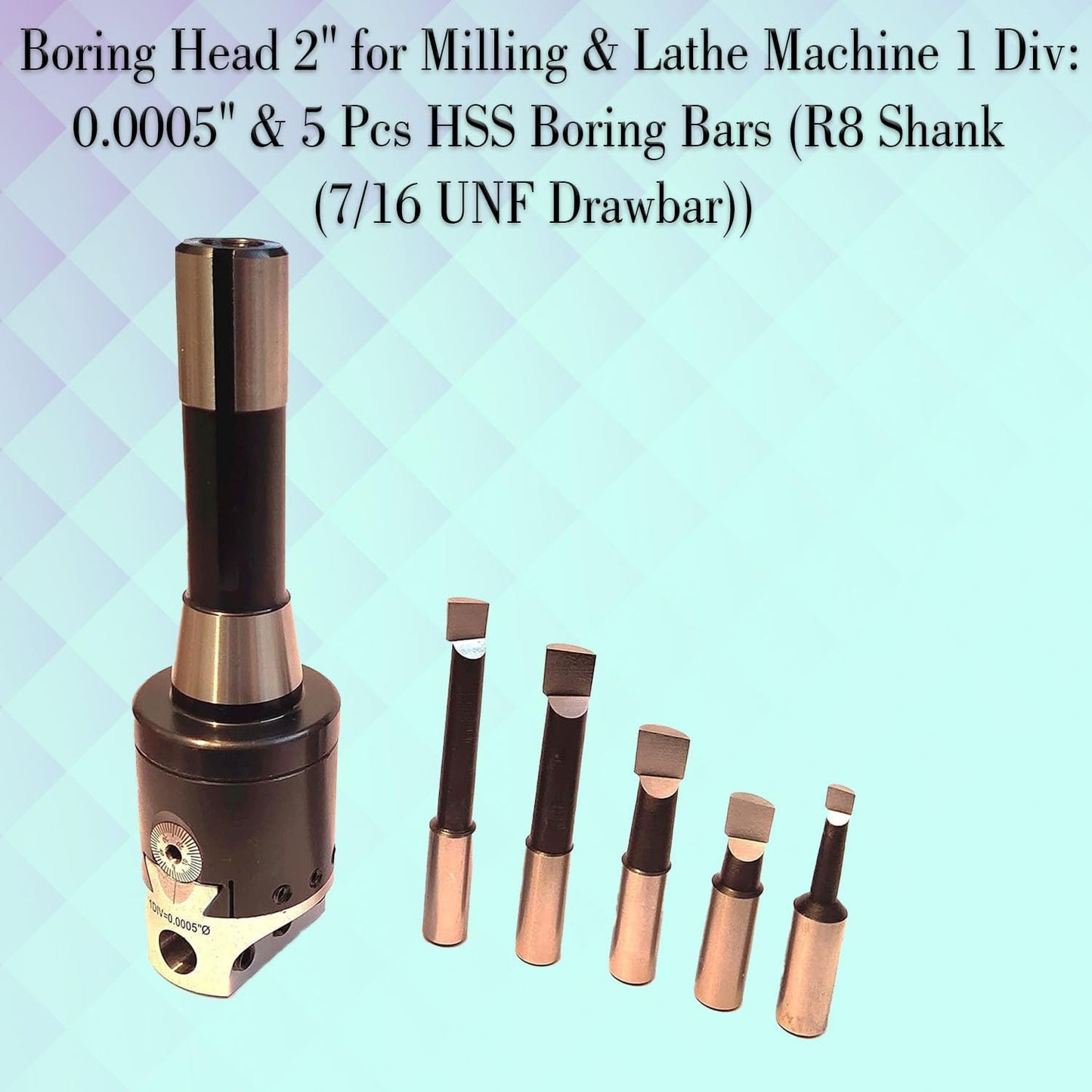 Assorts Boring Head 2 inch for Milling & Lathe Machine 1 Div: 0.0005" & 5 Pcs HSS Boring Bars R8 Shank (7/16 UNF Drawbar)