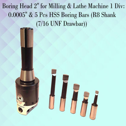 Assorts Boring Head 2 inch for Milling & Lathe Machine 1 Div: 0.0005" & 5 Pcs HSS Boring Bars R8 Shank (7/16 UNF Drawbar)
