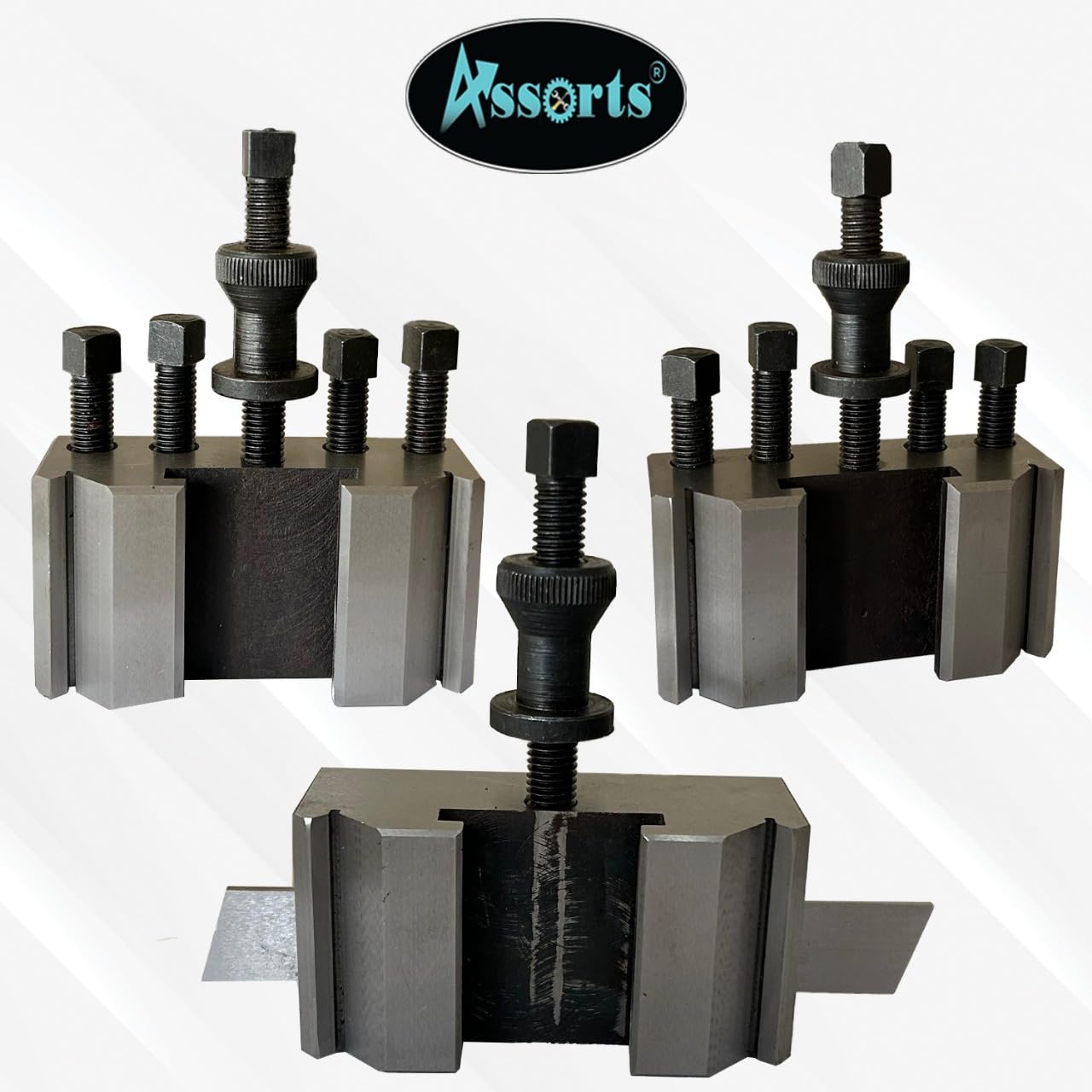 T-2, S2 Quick Change Tool Post Set with 2 Standard Holders, 1 Vee Holder & 1 Parting Holder with 1/8” X 7/8” X 6” (P) HSS Parting Blade.