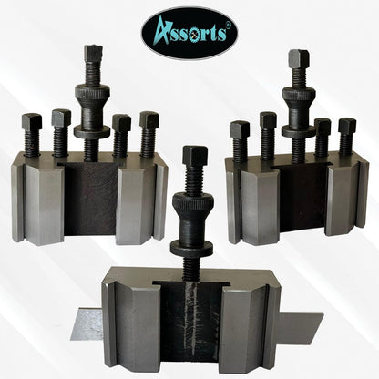 T-2, S2 Quick Change Tool Post Set with 2 Standard Holders, 1 Vee Holder & 1 Parting Holder with 1/8” X 7/8” X 6” (P) HSS Parting Blade.
