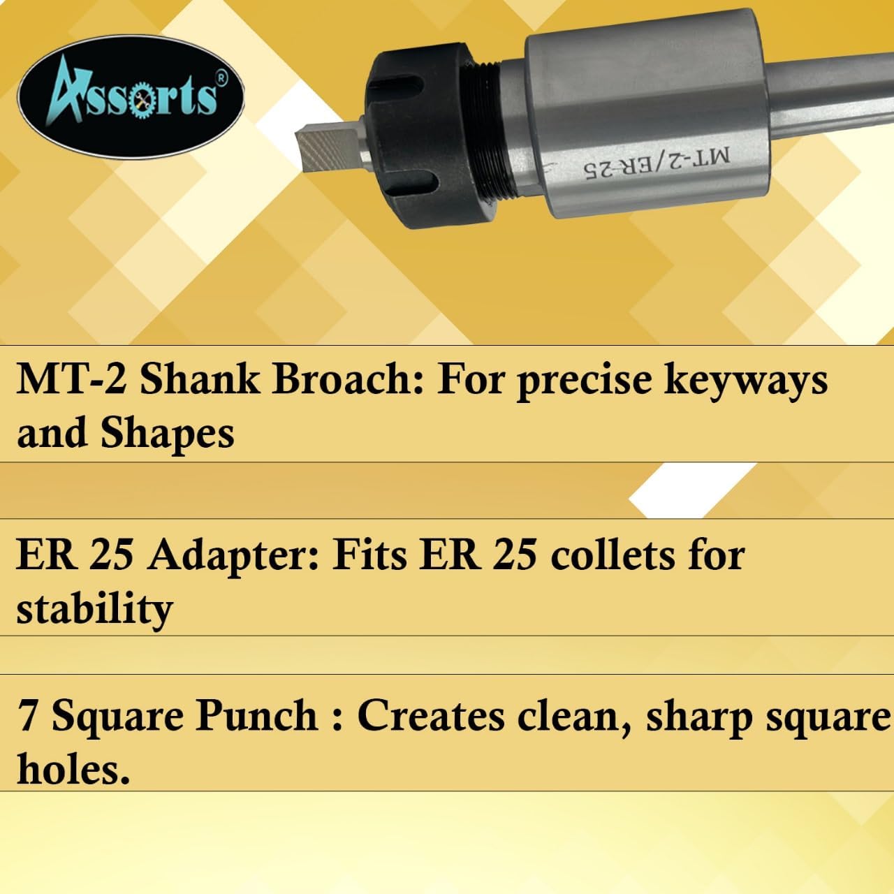 MT2 Shank Rotary Broach ER-25 Adapter with 7 Square Punches
