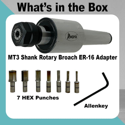 ASSORTS MT3 Shank Rotary Broach Holder with ER-16 Adapter – Precision Internal Hex Broaching Tool Set with 7 HSS Hex Broaches 2mm to 10mm for CNC Milling Machines, Lathes & Metalworking