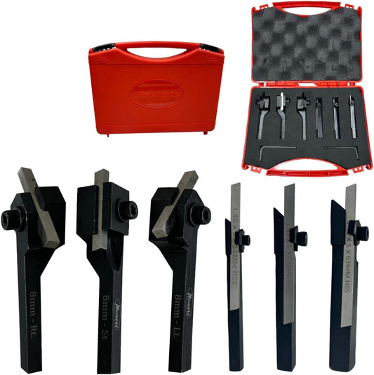 Assorts Mini Cut-Off Parting Tool Set - Includes 6mm, 8mm, and 10mm Shank Sizes with HSS Parting Blade, and Mini Turning Tool Holder with 10mm Shank - Left, Right, and Straight Turning Tools
