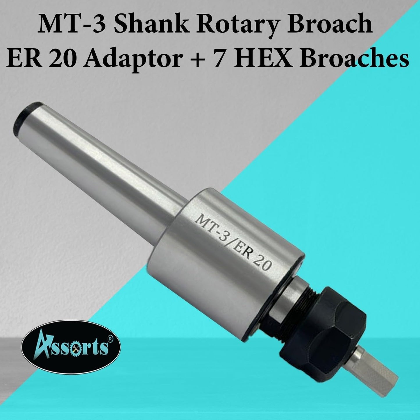 ASSORTS MT3 Shank Rotary Broach Holder with ER20 Adaptor – Precision Internal Hex Broaching Tool Set with Hardened HSS Hex Broaches for CNC Lathes, Milling Machines & Professional Metalworking