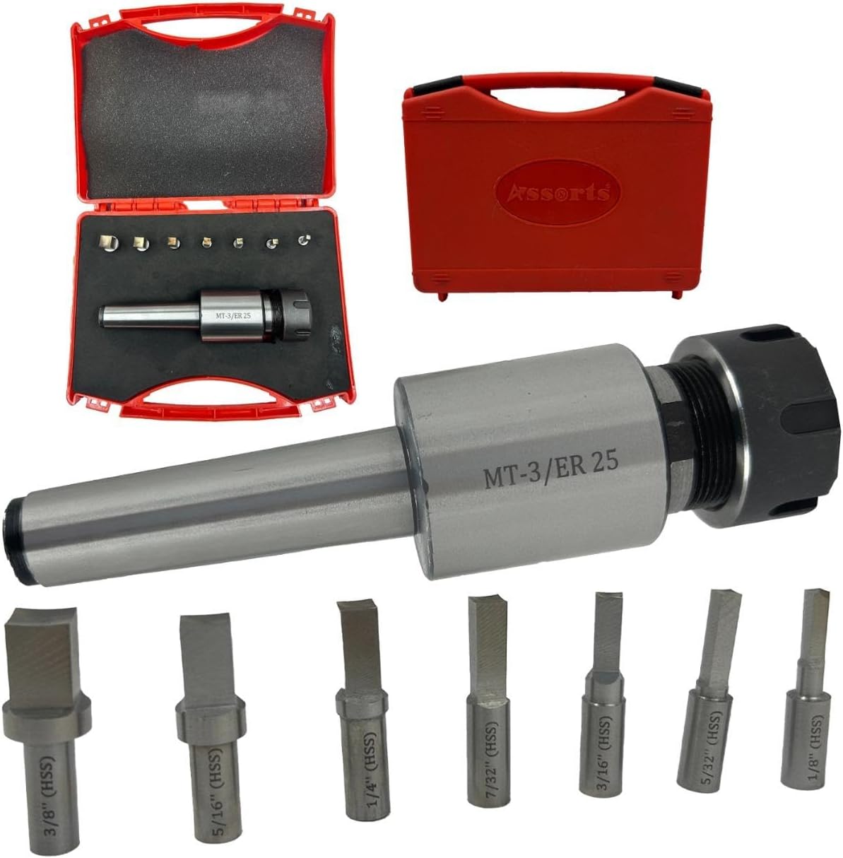 MT3 Shank Rotary Broach ER-25 Adapter + 7 Square Broaches