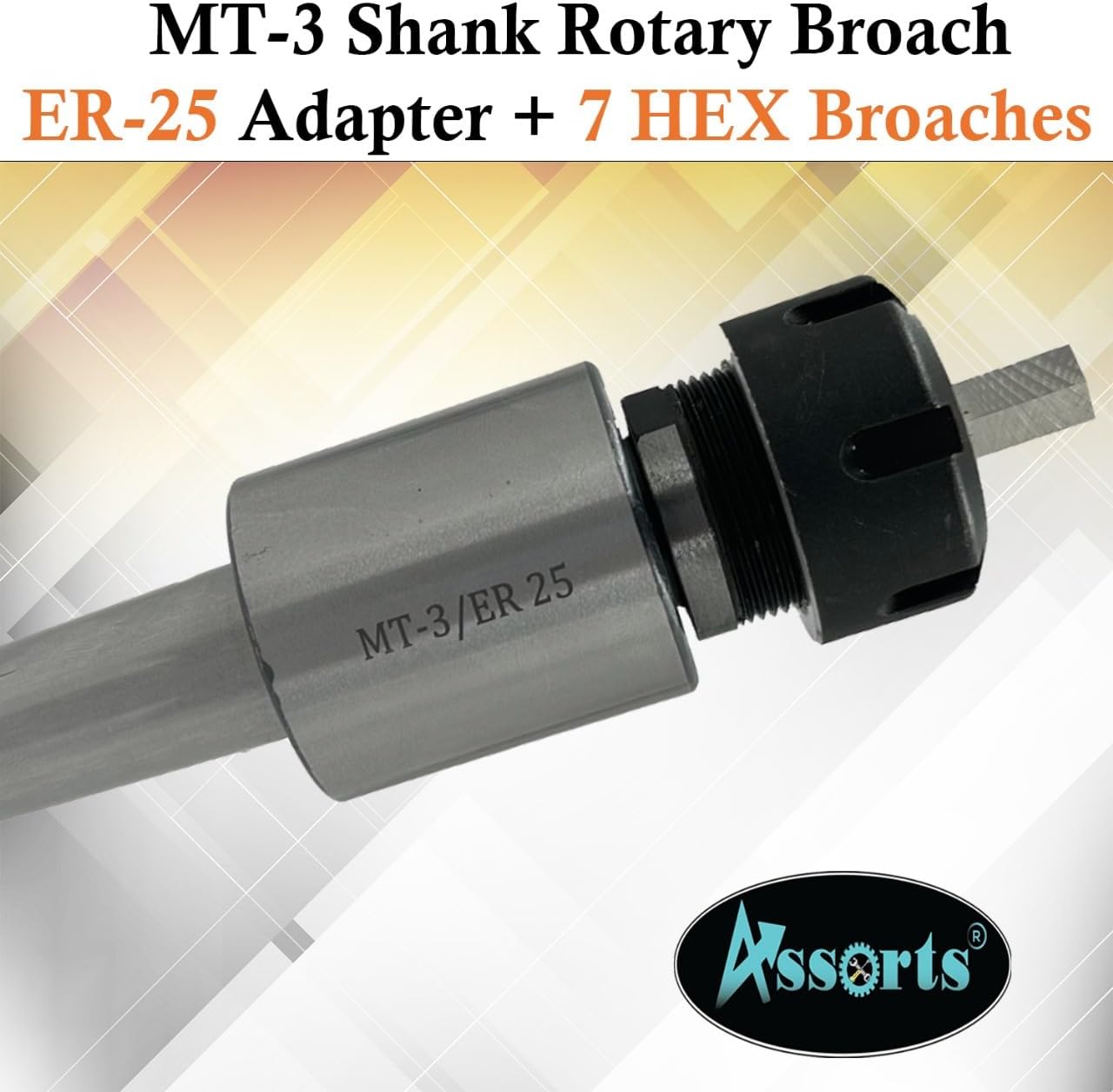 MT3 Shank Rotary Broach Kit with ER-25 Adapter and 7-Piece Hex Broach Set