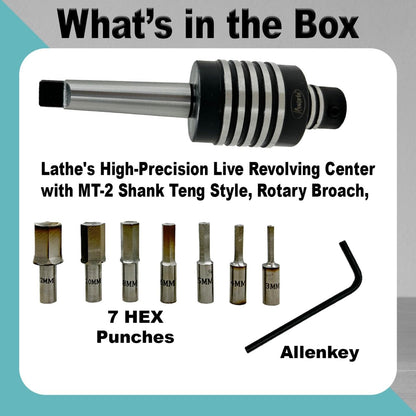 Assorts® MT2 Shank Rotary Broaching Live Center Set with 7 HSS Hex Punches (3mm–12mm) – Tool for Lathe Metalworking – Internal Hex Hole Cutting with Broaching Instructions