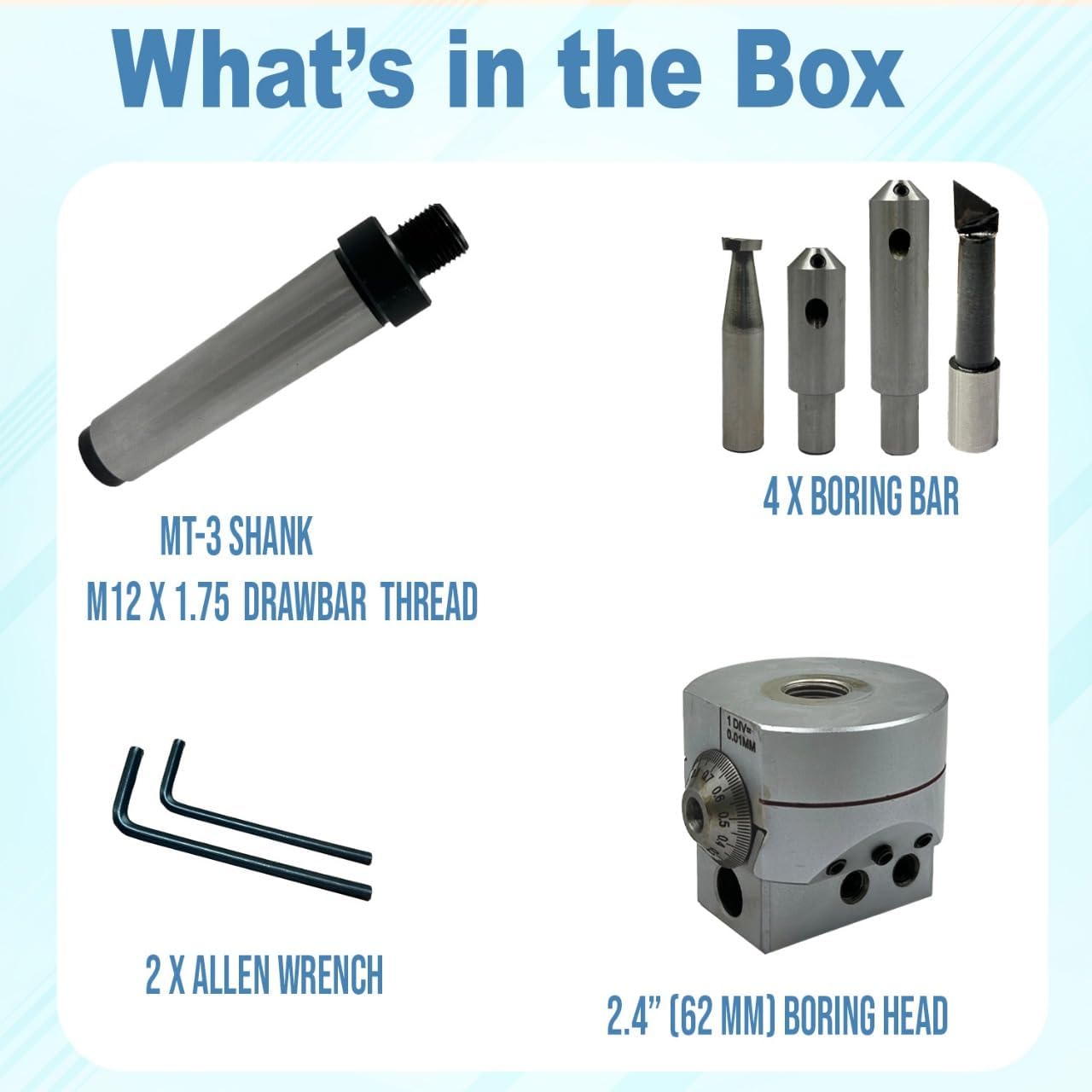 PRECISION BORING HEAD 62 MM DIAMETER FOR LATHE, MILLING MACHINE -QUALITY TOOLS ACCESSORIES WITH FLY CUTTERS, CARBIDE BRAZED TOOL SETS // 1 DIV=0.01 MM