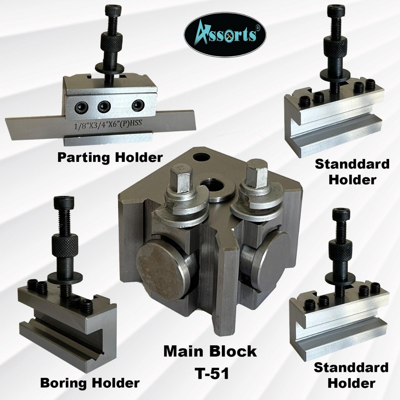 Assorts T-51 Quick Change Tool Post Set with 2 Standard Holders, 1 Boring Holder & 1 Parting Holder with 1/8” × 3/4” × 6” HSS Parting Blade – Lathe Tool Holder Set