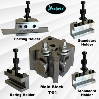 Assorts T-51 Quick Change Tool Post Set with 2 Standard Holders, 1 Boring Holder & 1 Parting Holder with 1/8” × 3/4” × 6” HSS Parting Blade – Lathe Tool Holder Set
