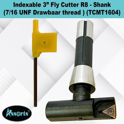 Assorts 3" Indexable Fly Cutter with R8 Shank (7/16"-20 UNF Drawbar Thread) – TCMT 1604 Carbide Insert Compatible – Precision Surface Facing Milling Tool