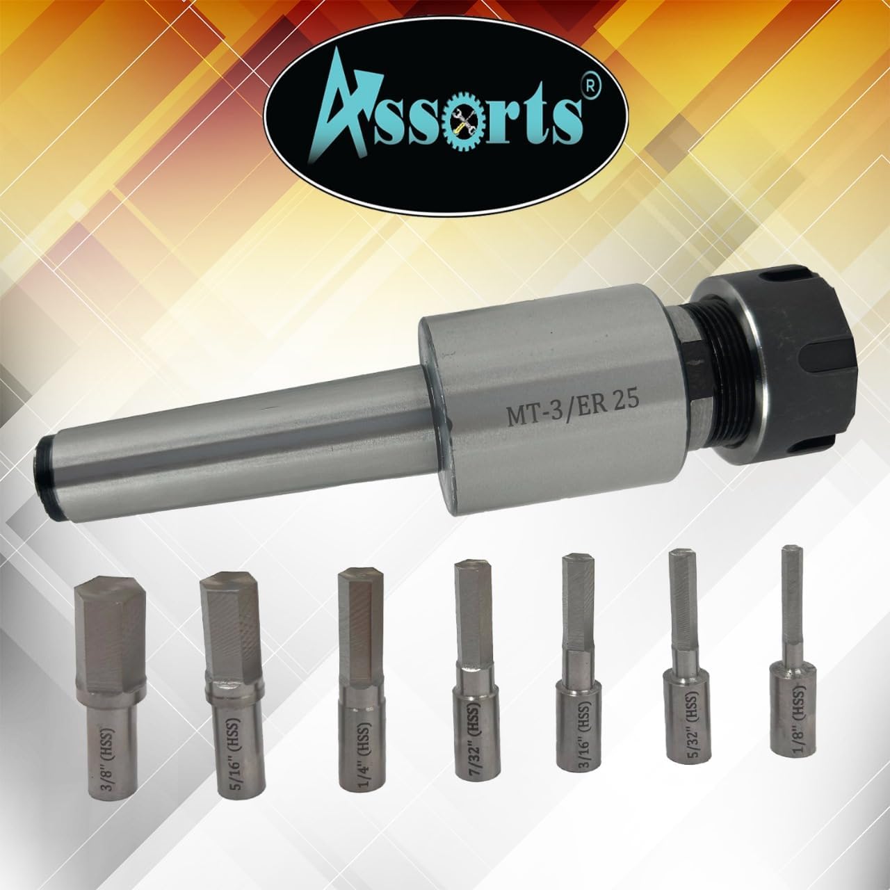 MT3 Shank Rotary Broach Kit with ER-25 Adapter and 7-Piece Hex Broach Set