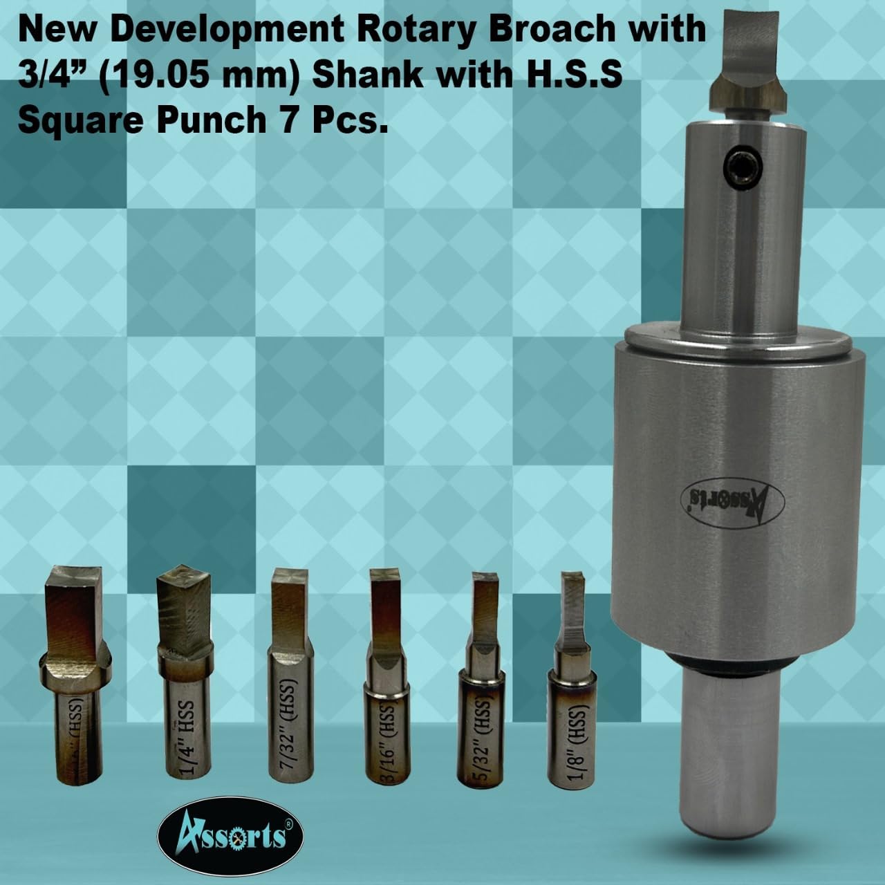 ASSORTS Precision Rotary Broach with 3/4” (19.05 mm) Shank & H.S.S Square Punch 7 Pcs– Ideal for CNC, Lathe, Milling & Drilling Machines
