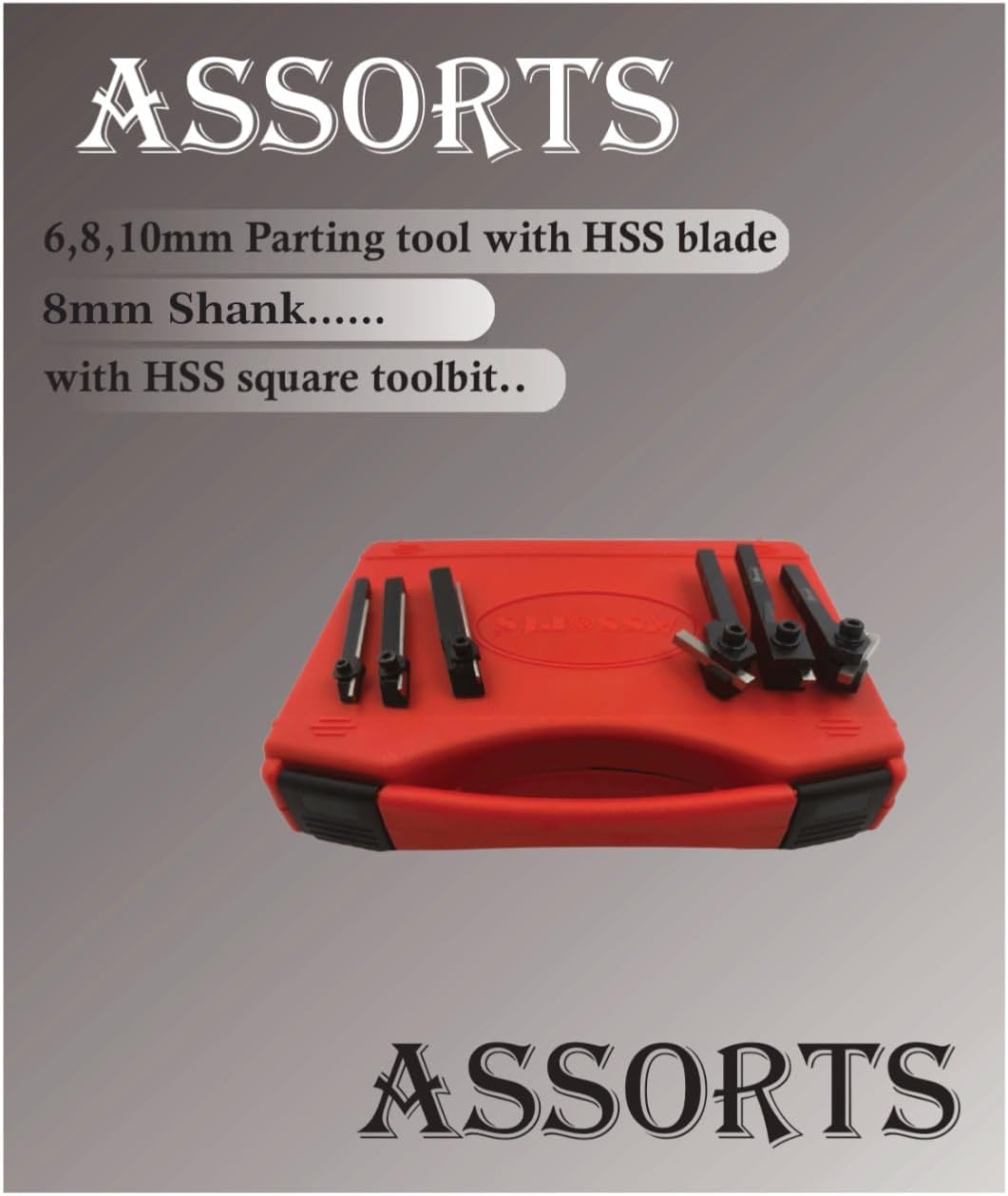 Assorts Mini Cut-Off Parting Tool Set - Features 6mm, 8mm, and 10mm Shank Sizes with HSS Parting Blade, Includes Mini Turning Tool Holder with 8mm Shank and Left, Right, and Straight Turning Tools