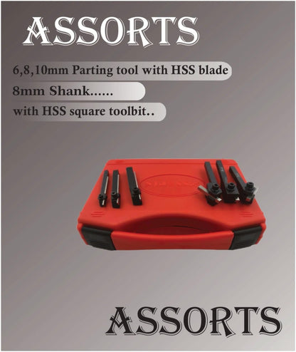 Assorts Mini Cut-Off Parting Tool Set - Features 6mm, 8mm, and 10mm Shank Sizes with HSS Parting Blade, Includes Mini Turning Tool Holder with 8mm Shank and Left, Right, and Straight Turning Tools