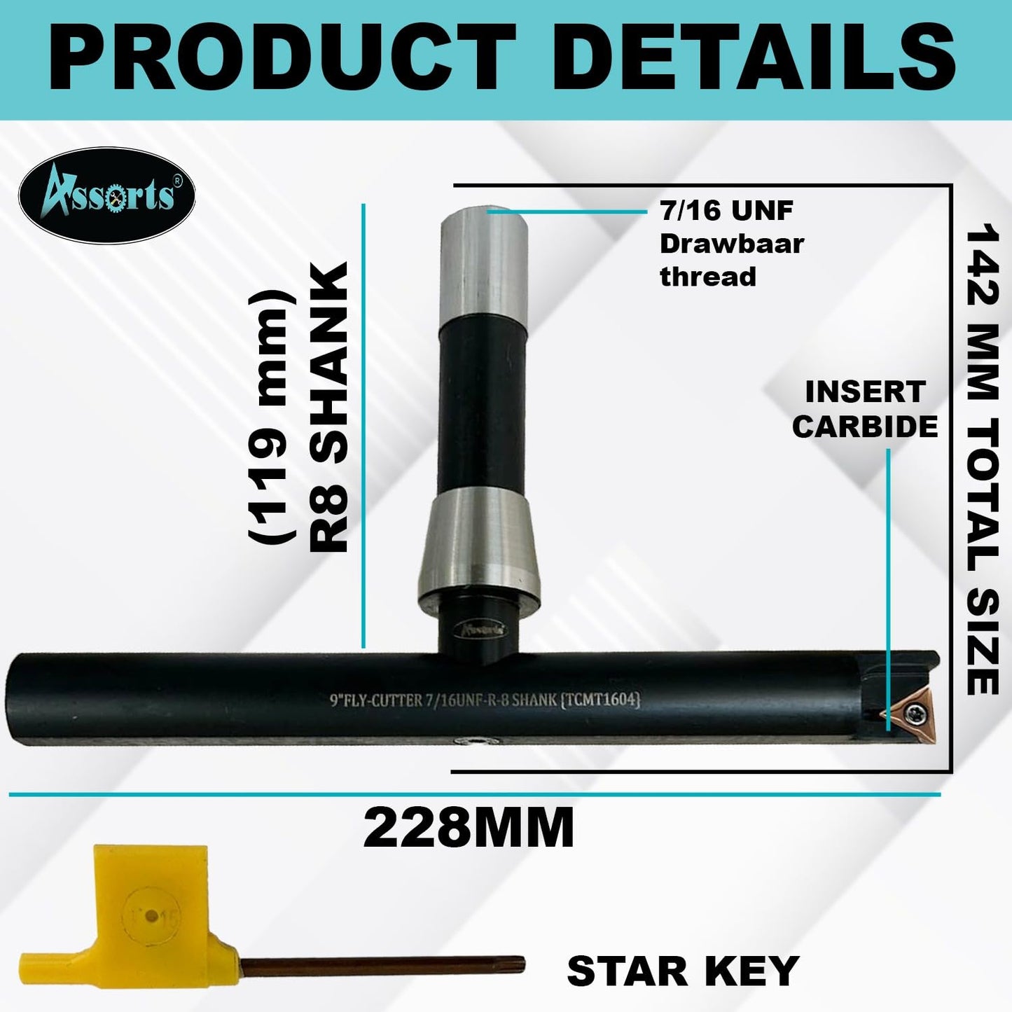 Assorts 9" Balanced Fly Cutter Indexable Face Milling Cutter with R8 Shank (7/16 UNF Drawbar Thread), Single Insert Tool, TCMT1604 Insert, Torx Screw & Star Key Included
