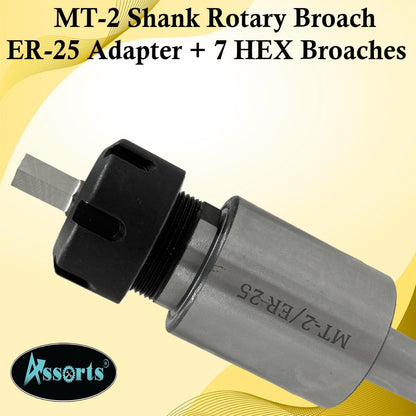 MT2 Shank Rotary Broach with ER-25 Adapter 7 Hex Broaches Set - Precision Machining Tool Kit