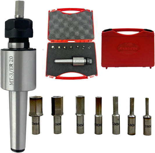 ASSORTS MT3 Shank Rotary Broach Holder with ER20 Adaptor – Precision Internal Hex Broaching Tool Set with Hardened HSS Hex Broaches for CNC Lathes, Milling Machines & Professional Metalworking